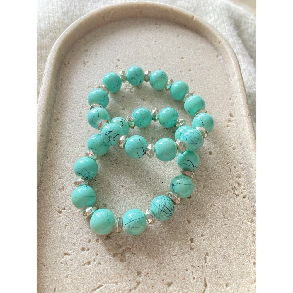 Faux Turquoise Bead Stretch Bracelets Set 2 Coastal Southwestern Blue Silver